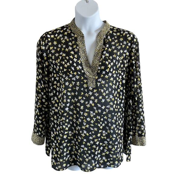 Michael Michael Kors Lillies Split Neck Blouse Black Yellow Sz 1X - Picture 1 of 7